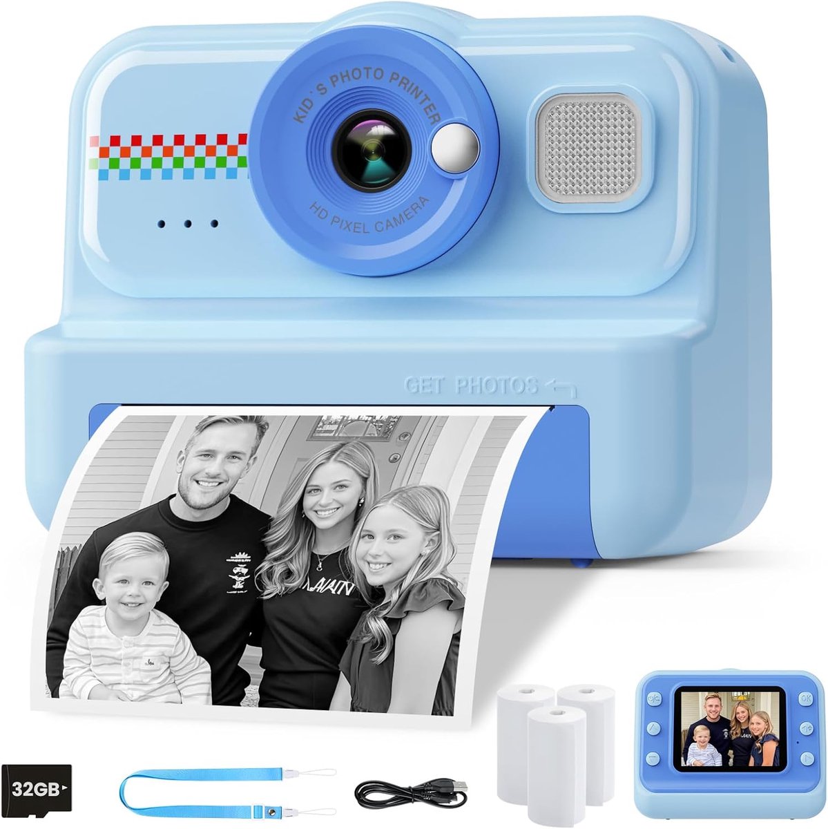 Kids Instant Print Camera - 1080P HD, 3 rollen papier en 32GB kaart, ideaal cadeau voor jongens en meisjes van 3-14 jaar (blauw)