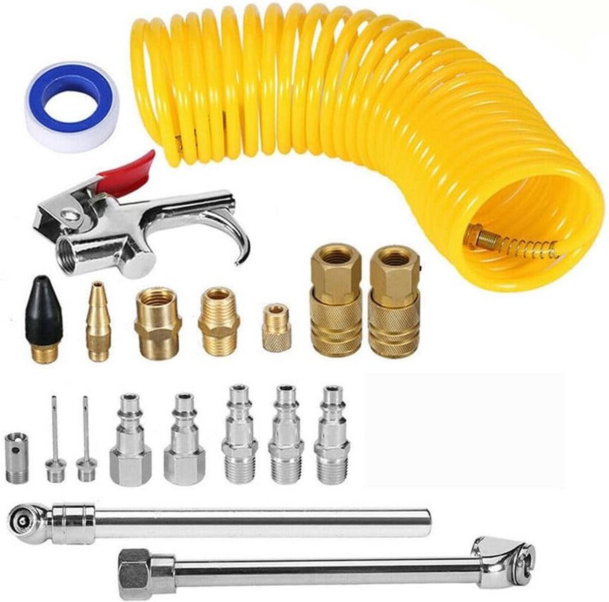 Compressortoegangset - Perslucht accessoires - Autoreparaties & klussen - Veelzijdige 20-delige set - 295 inch slang - Diverse kleuren