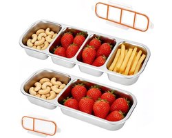 2 Stuks Herbruikbare Rvs Snackdozen Met Lekvrije Deksel - Snackbox - Snackdoos met Vakjes - Lunchboxen - Vershouddoos - 2 Compartimenten & 4 Vakjes - Stapelbare Metaal Bewaarboxen Voor Volwassenen, Maaltijd Voorbereiden, Reiz