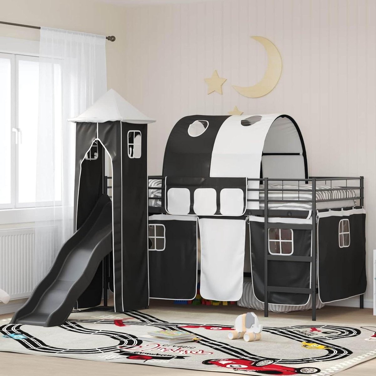Hoogslaper met glijbaan - Kinderbed met toren - Spelen en slapen - Stabiel metalen frame