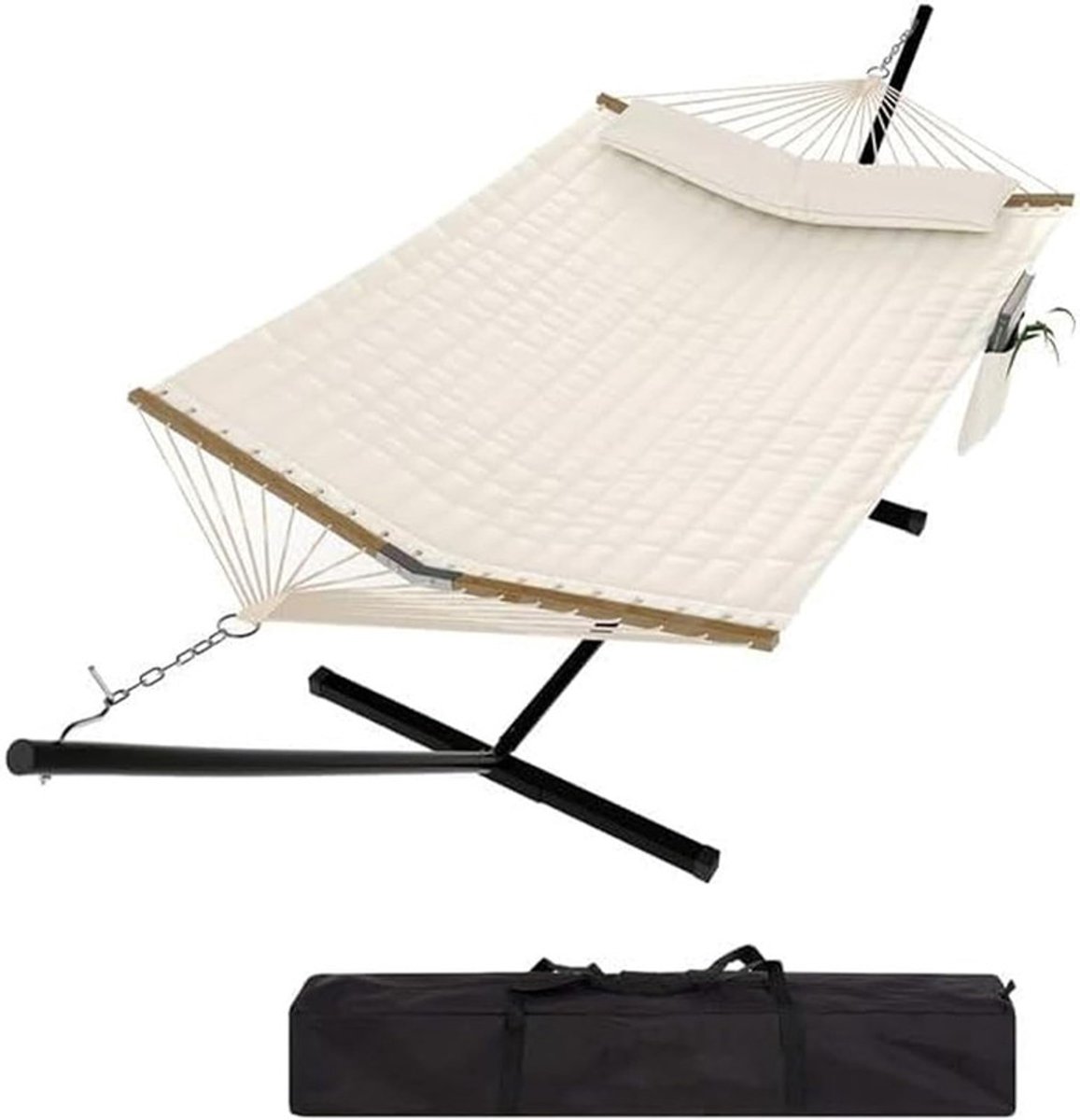 2-Persoons Hangmat met Standaard - Dubbele Hangmat met Stevig Stalen Frame - Max. 205 kg - Voor Binnen & Buiten - 365 x 140 cm -beige
