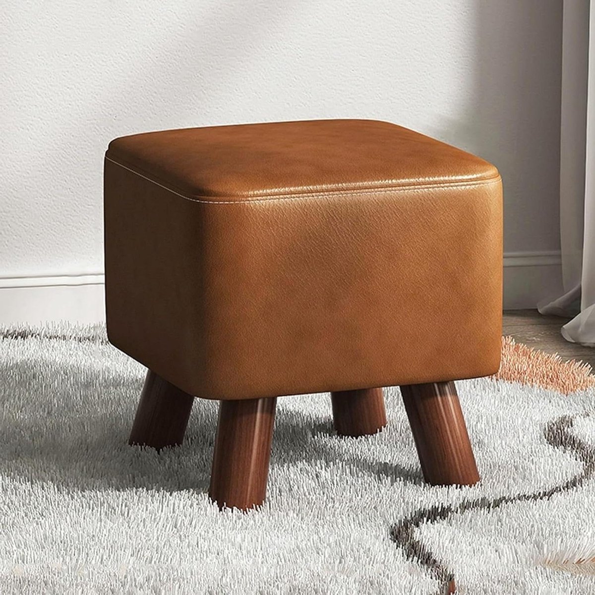 Houten Kruk - Voetenbankje Gestoffeerd - Voeten Rusten - Met Vilten Vloerbeschermers - 28x28x29 cm - Bruin
