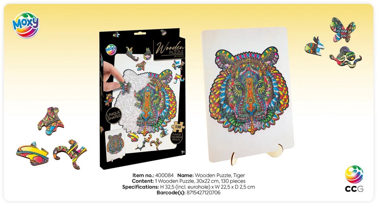 Houten Puzzel 6pcs - Dierenpuzzels voor Kinderen en Volwassenen - Olifant, Uil, Leeuw, Eenhoorn, Schildpad, Tijger - Unieke Puzzelstukjes - Ideaal Cadeau — afbeelding 6
