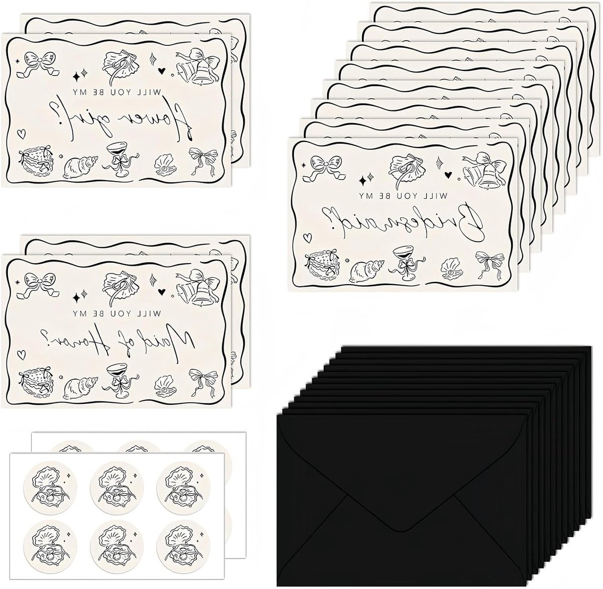 12-delige set voorstelkaarten voor bruidsmeisjes met enveloppen en stickers, zwarte uitnodigingen voor bruiloft en getuigen kiezen