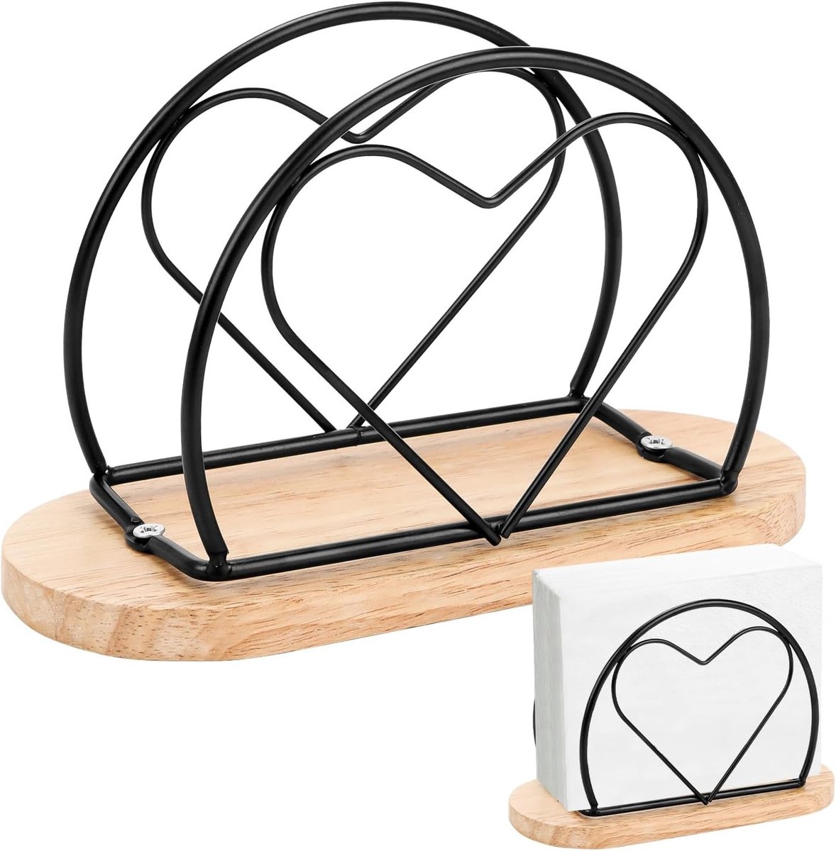 Stijlvolle metalen servettenhouder met houten voet, hartvormige servettenstandaard voor keuken, bar en restaurant, stevig en valbestendig