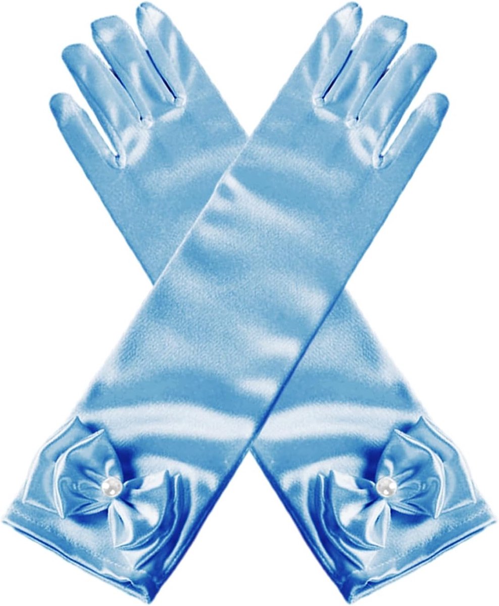 Elegante blauwe satijnen prinsessenhandschoenen voor dames met strikdecoratie, 29 cm, perfect voor kostuums en feesten