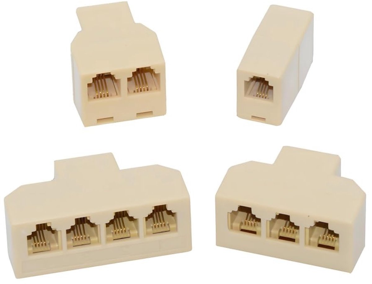 4 Stuks 6P4C RJ11 RJ12 Telefoon Splitter Adapters voor 1-in-2-uit, 1-3 en 1-4 Weg Aansluitingen zonder Kabel