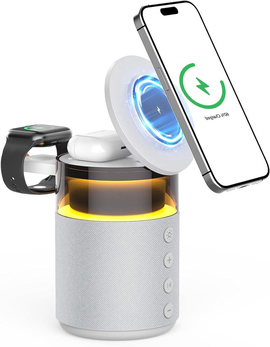 Bluetooth Speaker - Nachtlamp Oplader - Muziek en Sfeer - Draadloos Laden - 9x41x9 cm - Wit