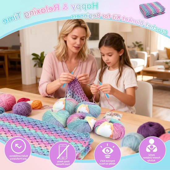 Crochet Deken Set voor Beginners - Haakproject met Kleurrijke Patronen en Accessoires — afbeelding 5