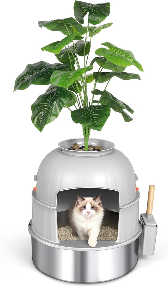 Verstopte Kattenbak Omhulsel met Kunstplant, Roestvrijstalen Ontwerp, Decoratieve Meubelop