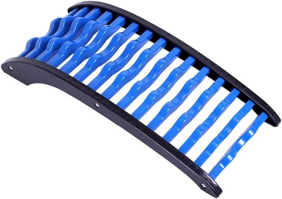 Gebogen rugstrekker met zwarte zijpanelen en blauwe massageribben.