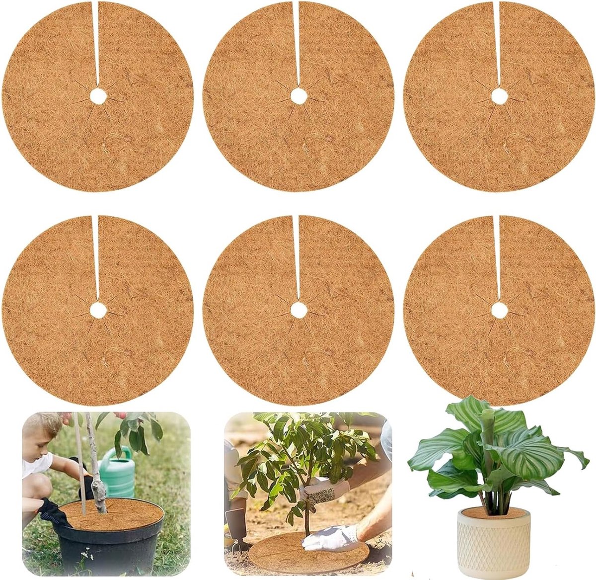 Set van 6 Kokos Mulchschijven - Ronde Kokosmat voor Winterbescherming van Planten, Herbruikbare Kokosvezel Mat voor Bloempotten en Tuinplanten