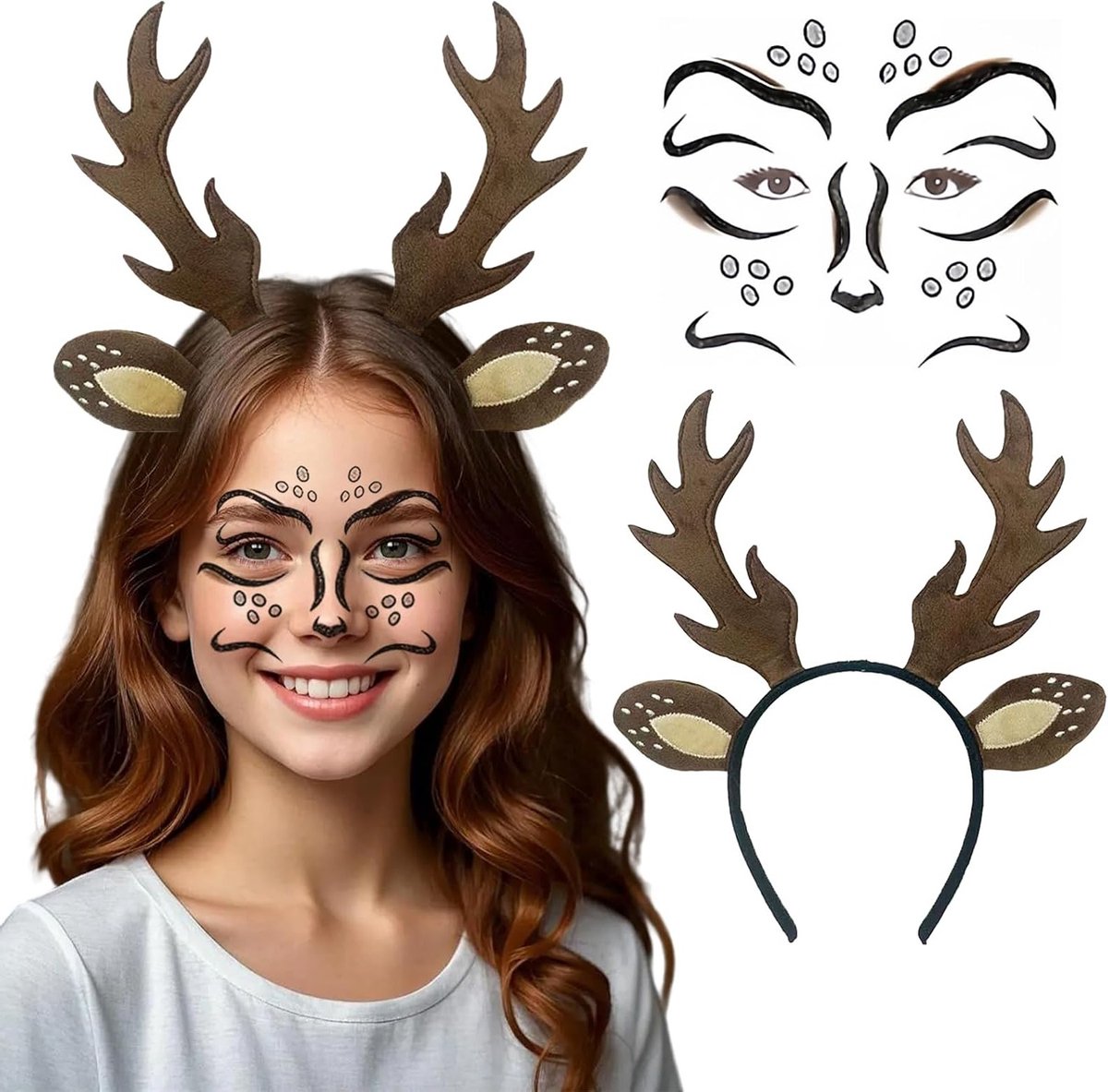 Antler Hoofdband Kostuum met Herten Gezicht Tatoeage, Bruine Hoorns en Oren voor Halloween, Carnaval en Feestjes