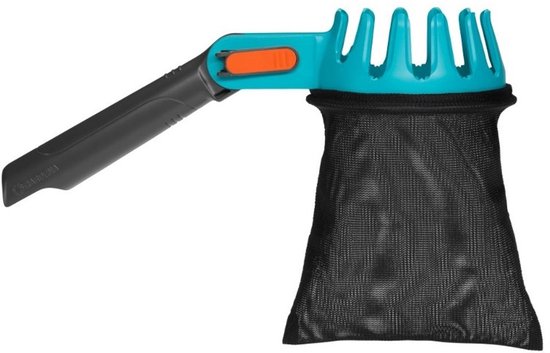 Cueille-fruits Gardena avec une pince turquoise et un sac de collecte noir.