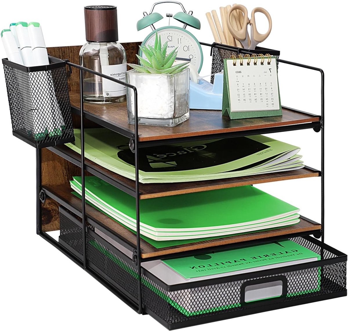 4-laags A4 documentorganizer van hout en metaal voor kantoor en thuis met lade en pennenhouder, ideaal voor bureau en archivering