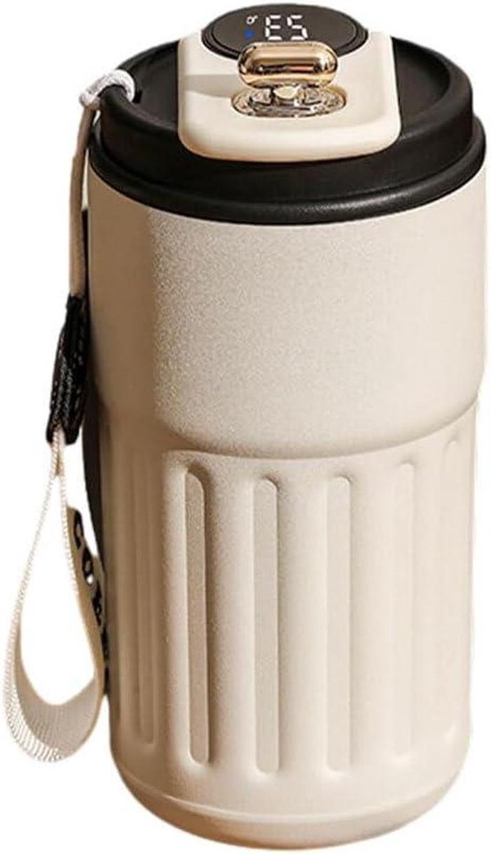 Reismok met Temperatuurdisplay - Thermosbeker Slimme Mok - Koffie Onderweg - Lekvrij Ontwerp - 17 cm Hoog - Wit Zwart