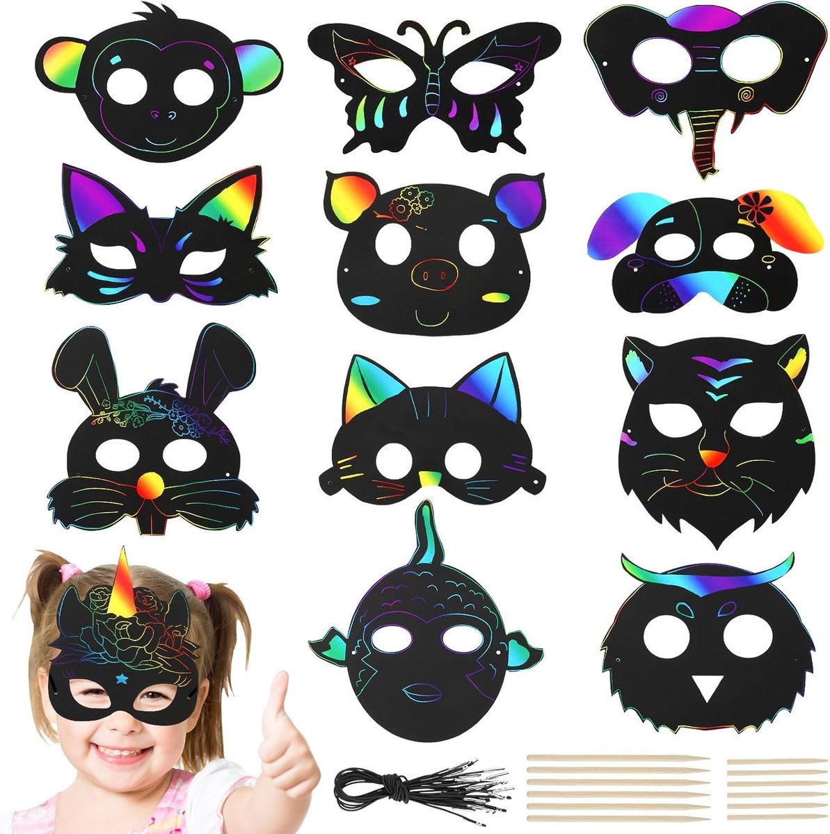 Creatieve Scratch Painting Masks voor Kinderen - 12 Dierenontwerpen, Regenboog Scratch Papier, Inclusief 24 Elastische Koorden en 12 Houten Potloden