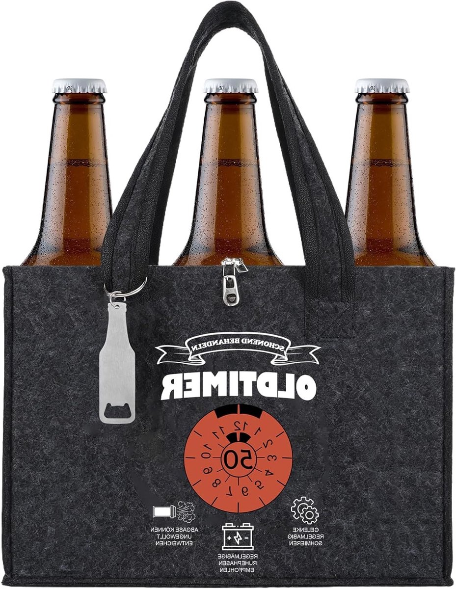Grappige biertas met flesopener, grijze vilten tas voor 6 flessen als cadeau voor de 50ste verjaardag van mannen