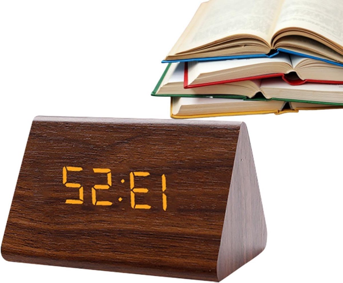 Houten bureauklok - Digitale wekker - Naast het bed - Groot display - 21 x 9 x 45 cm - Bruin