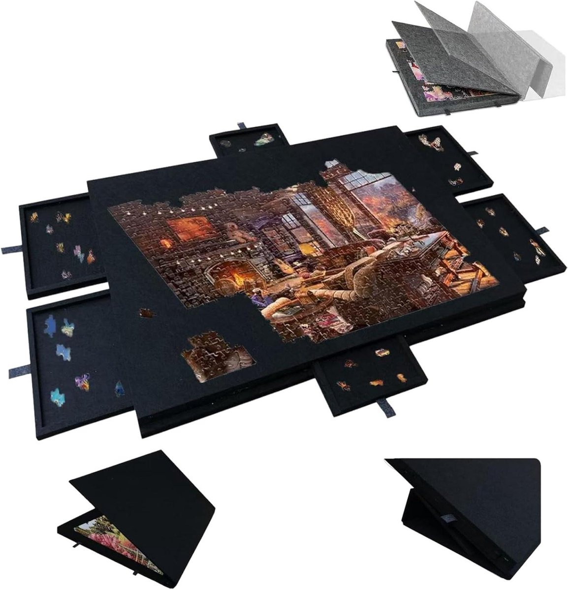 Puzzeltafel Kantelbaar - Puzzelbord Opvouwbaar - Puzzels Maken - Met 6 Sorteerladen - 77 x 53.6 cm - Zwart