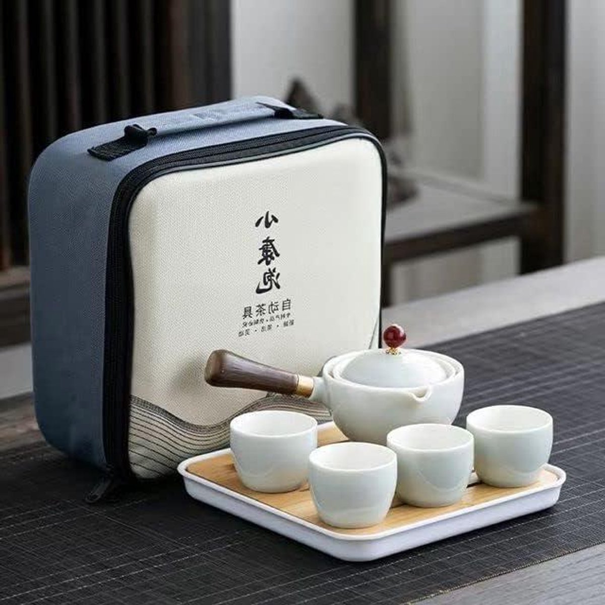 Theeset - Reisset - Thee Zetten - Draagbaar Keramiek - 4 Personen - Wit