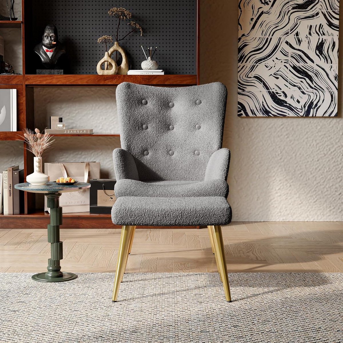 Fauteuil met poef - Zeteltje en voetenbank - Ontspannen Zitten - Pluche Bouclé Stof