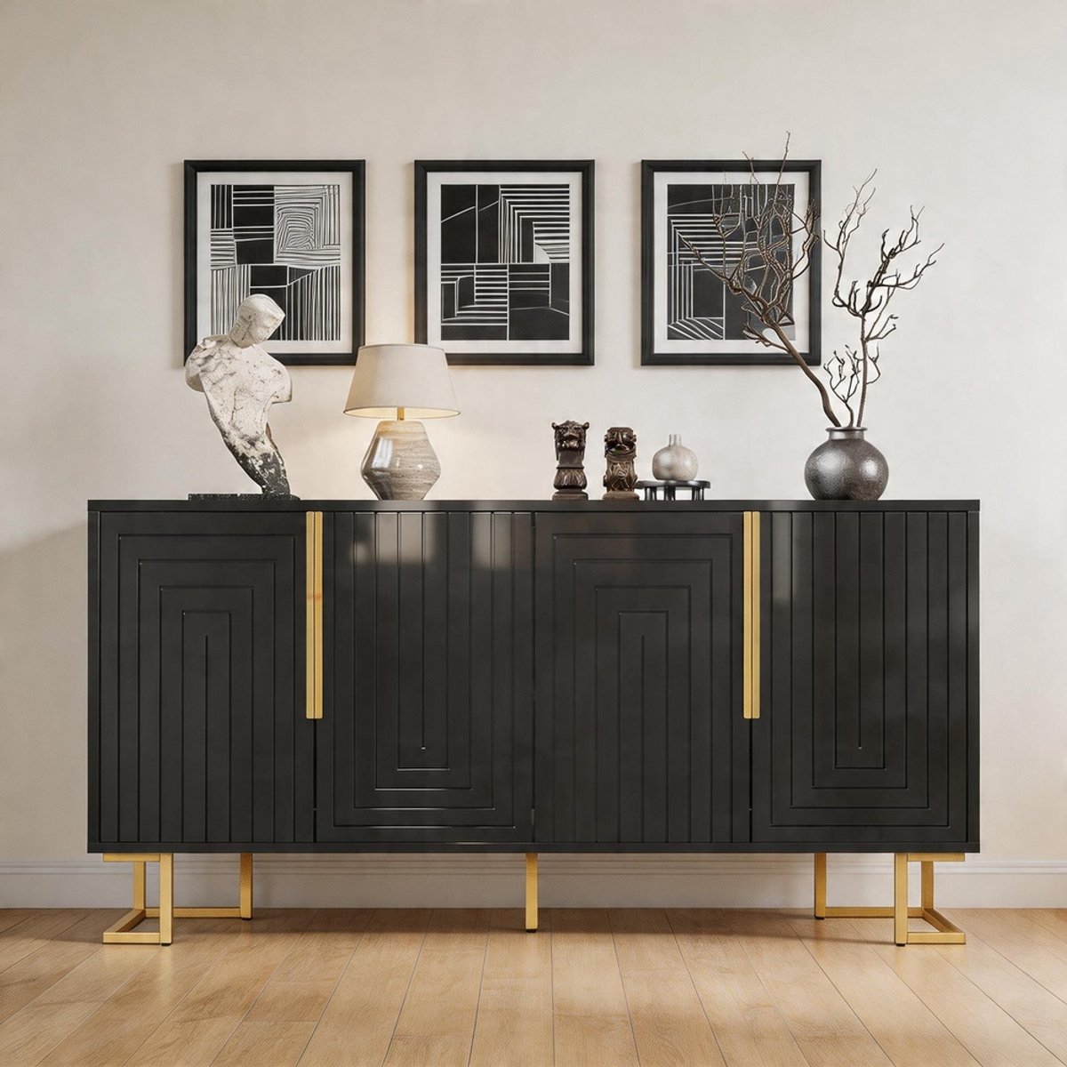 Komhtom - Zwart dressoir met geometrisch ontwerp - 152×40×75 cm - Elegante uitstraling met gouden handgrepen en poten
