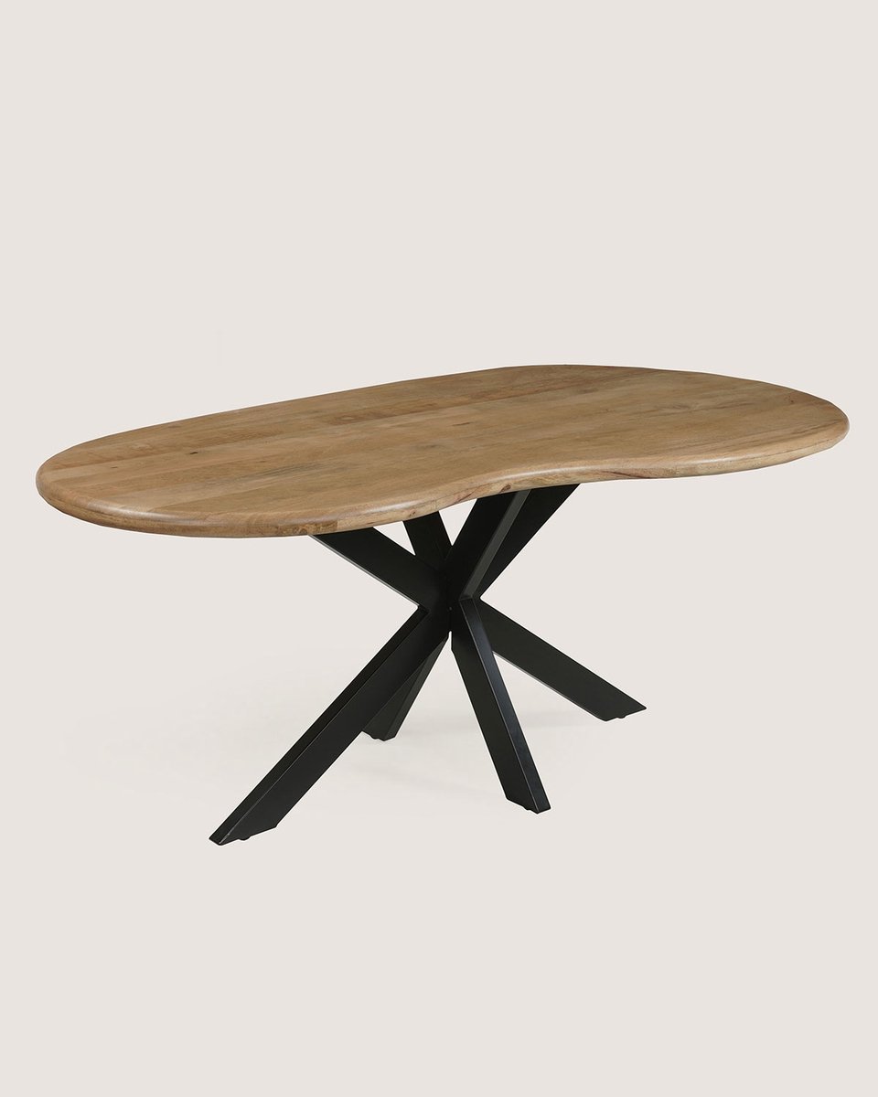 Organische Eettafel 180 cm Mangohout – Zwart Metalen Matrix Onderstel – Modern Design – 4-5 Personen