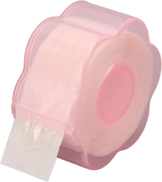 Rol met dubbele ooglidstickers in een lichtroze, bloemvormige dispenser. Meerdere stickers zichtbaar.