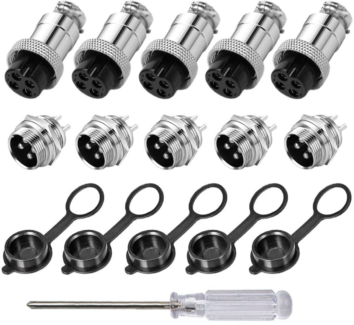 Dailygoody - 4-polige GX16 Aviation stekkers - luchtvaartstekker set - metalen kabelverbinder - zilver + zwart - 5A stekkerkit - geschikt voor diverse