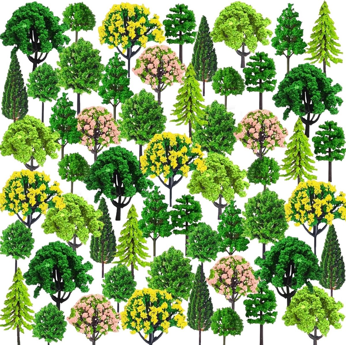Mixed Model Plastic Diorama Bomen Set van 55 Stuks voor Modelbouw, Miniatuurlandschappen en Train Landscaping (3-7cm)