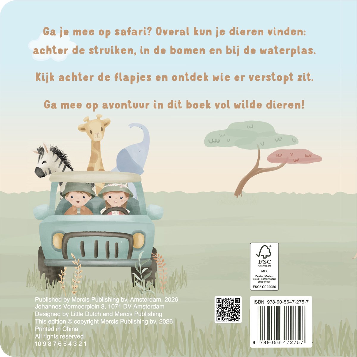 Een jeep met twee kinderen en dieren zoals een zebra, giraf en olifant op safari.