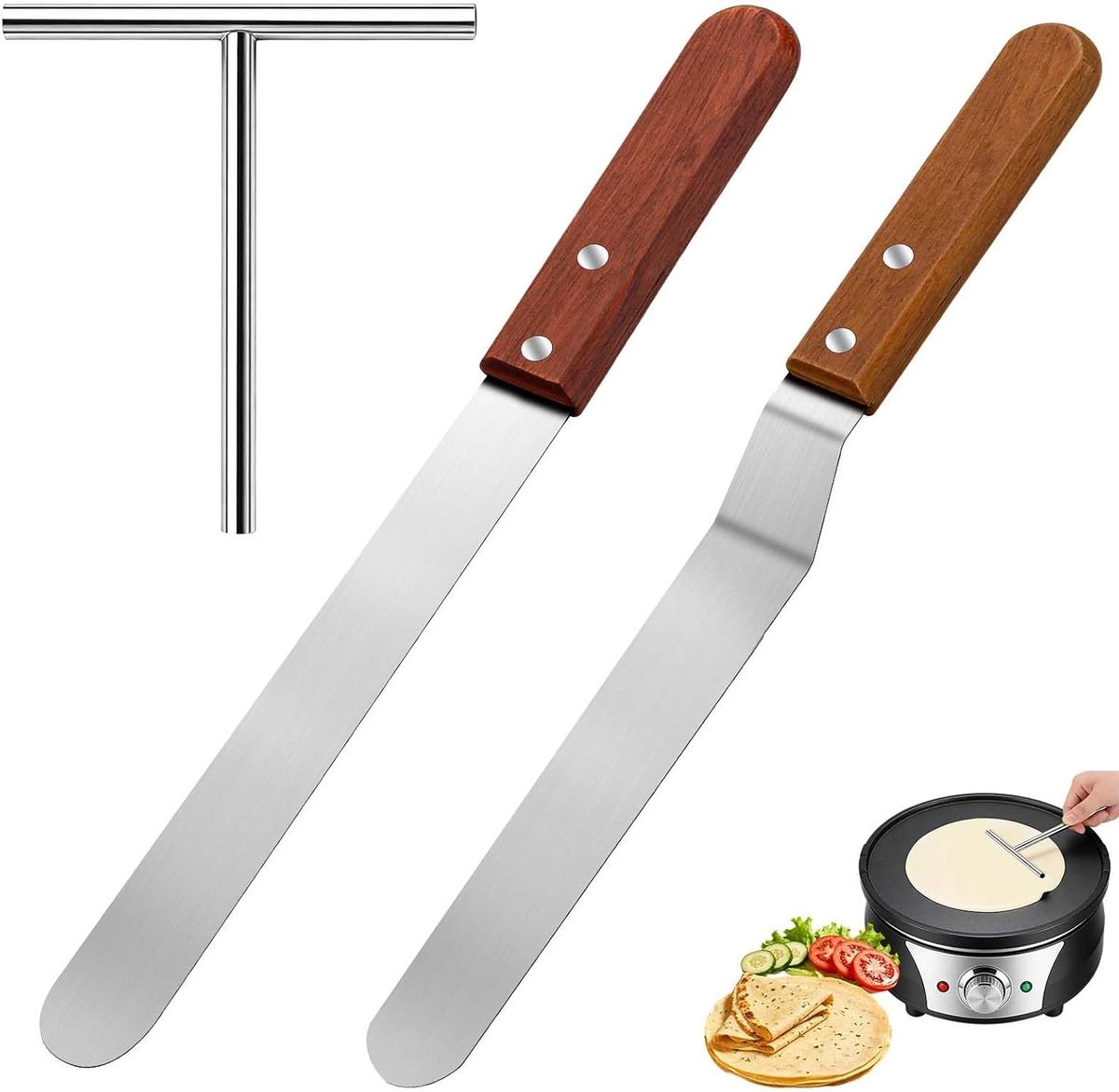 Pannenkoeken Set - Crêpes Spatels - Bakken en Verdelen - Ergonomische Houten Handgrepen - 3-delig - Zilver