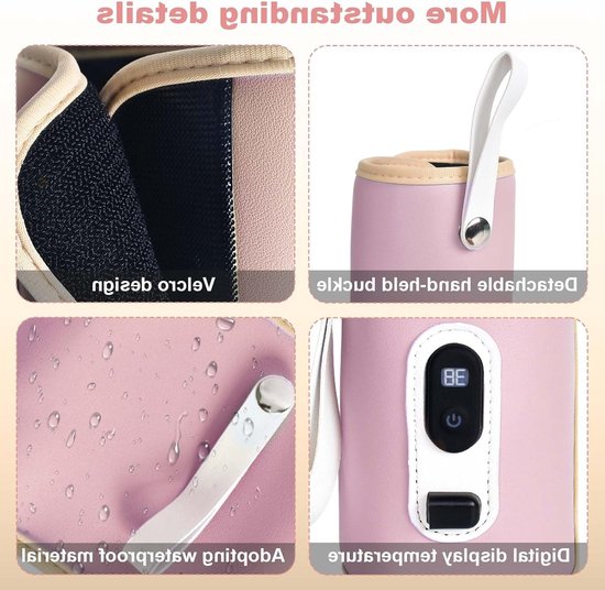 Draagbare Flessenwarmer voor Baby met LCD Scherm, Ideaal voor Warmhouden van Voeding, 5 Instelbare Temperatuurstanden (38-55°C) en Handige Tas voor Buitenactiviteiten (Roze) — afbeelding 4