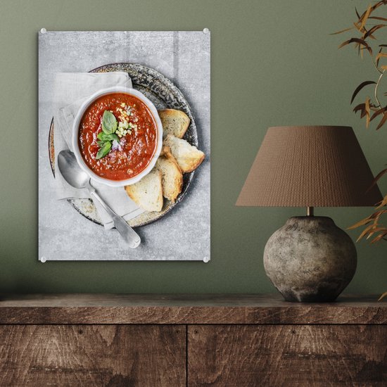 Peinture sur verre - Une nature morte de soupe à la tomate et de pain grillé - 30x40 cm - Peintures sur Verre Peintures - Photo sur Glas