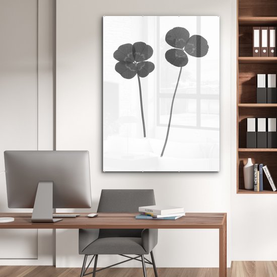 Peinture sur verre - Trèfle à Klavertje vier feuilles et trèfle à trois feuilles - noir et blanc - 90x120 cm - Peintures sur Verre Peintures - Photo sur Glas
