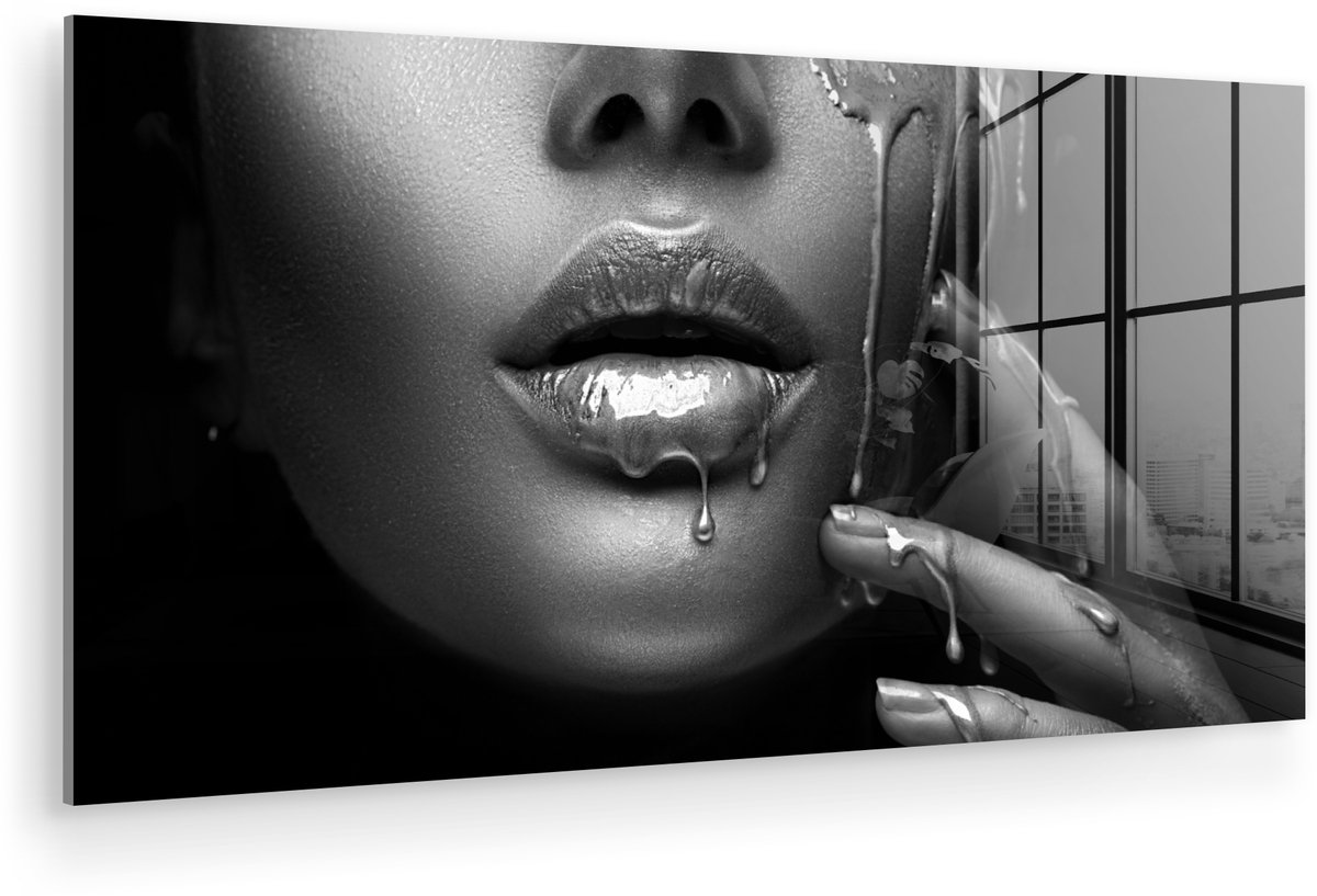 ® Glasschilderij 120x60 cm - Schilderij acrylglas - Goud - Vrouw - Verf - Foto op glas - Muurdecoratie woonkamer - Wanddecoratie slaapkamer - Schilderijen
