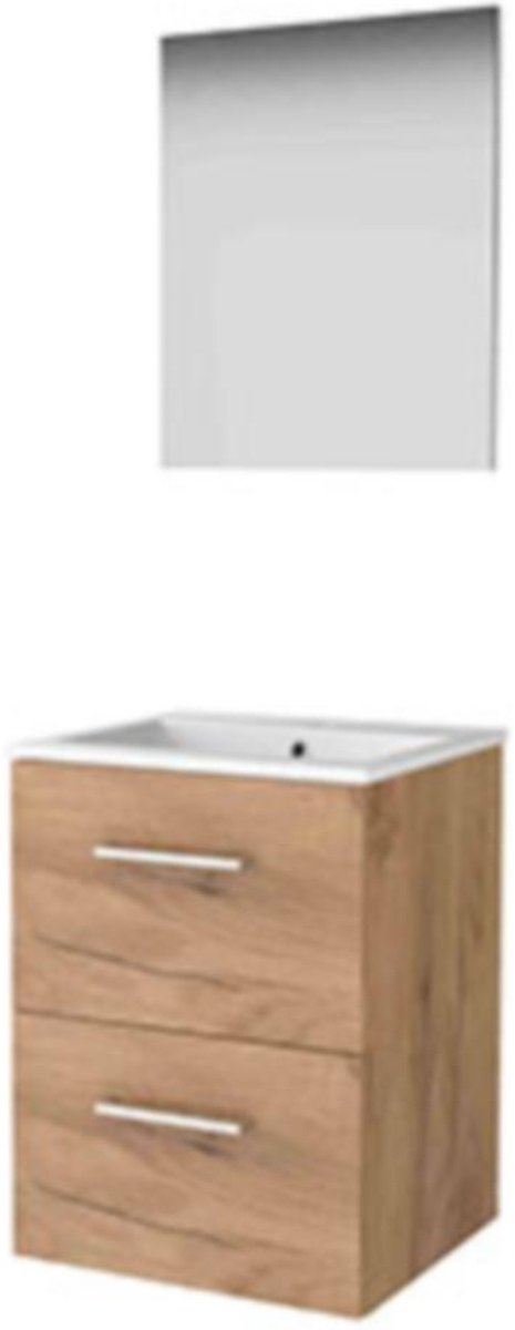 Basic-Line Basic 46 Badkamermeubelset - 50 x 46 cm - Met Grepen - 2 Lades - Keramische Wastafel - 1 Kraangat - Spiegel - Whisky Oak