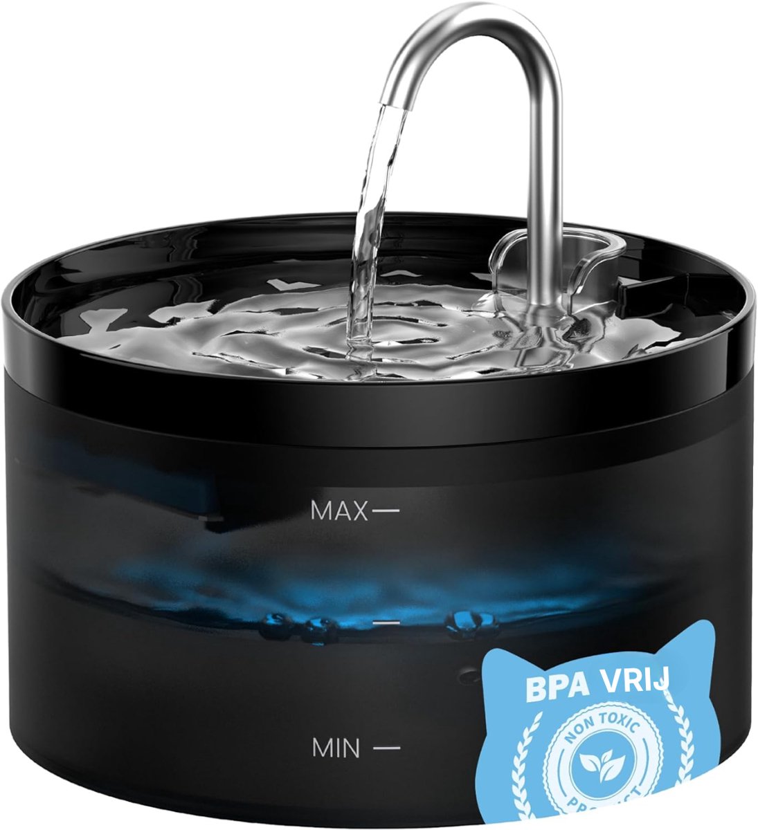 KAD® Drinkfontein Kat - Luxe Drinkfontein Kat Draadloos - Keramiek - Batterij & USB - Ultra Stil - Zwart - 19cm x 19cm x 12cm