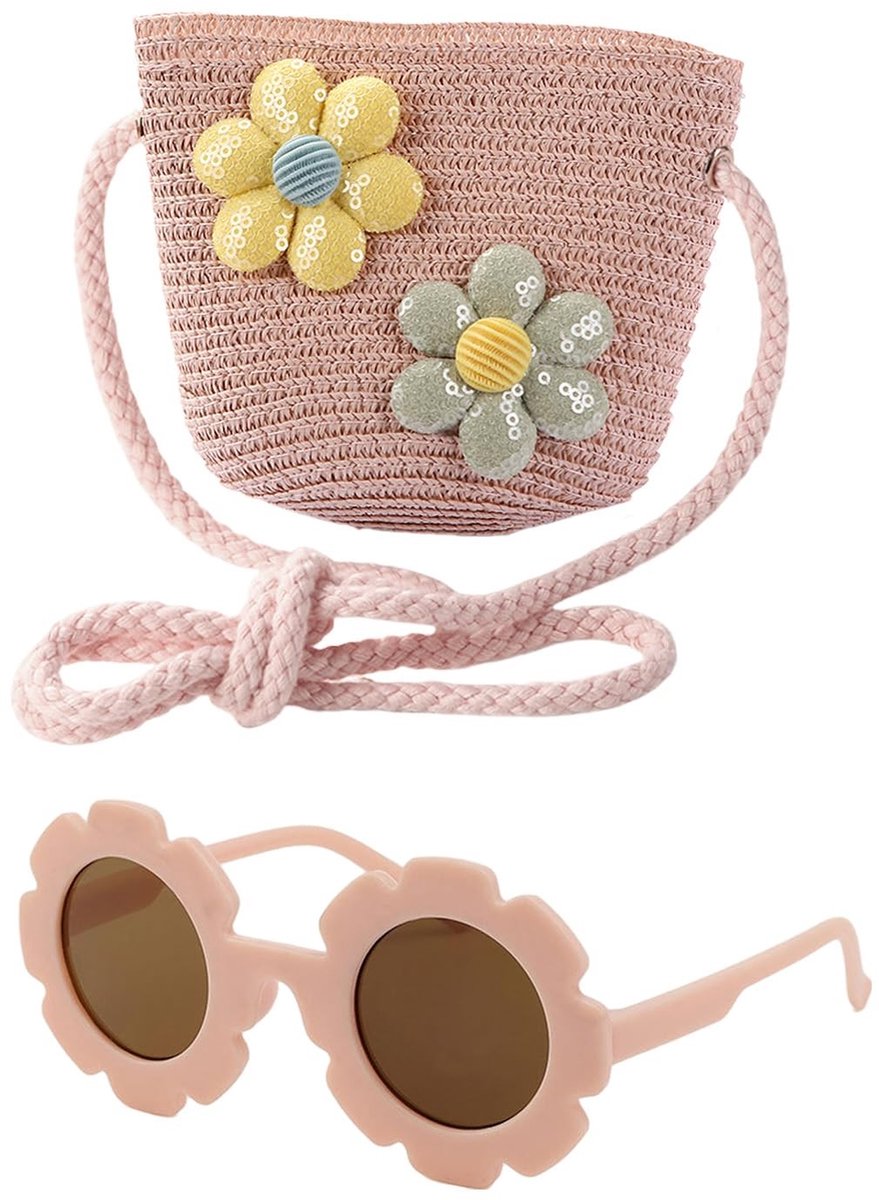 Schattige Crossbody Tas Set voor Meisjes - Inclusief Bloemen Zonnebril en Verstelbare Portemonnee (Roze/Beige)