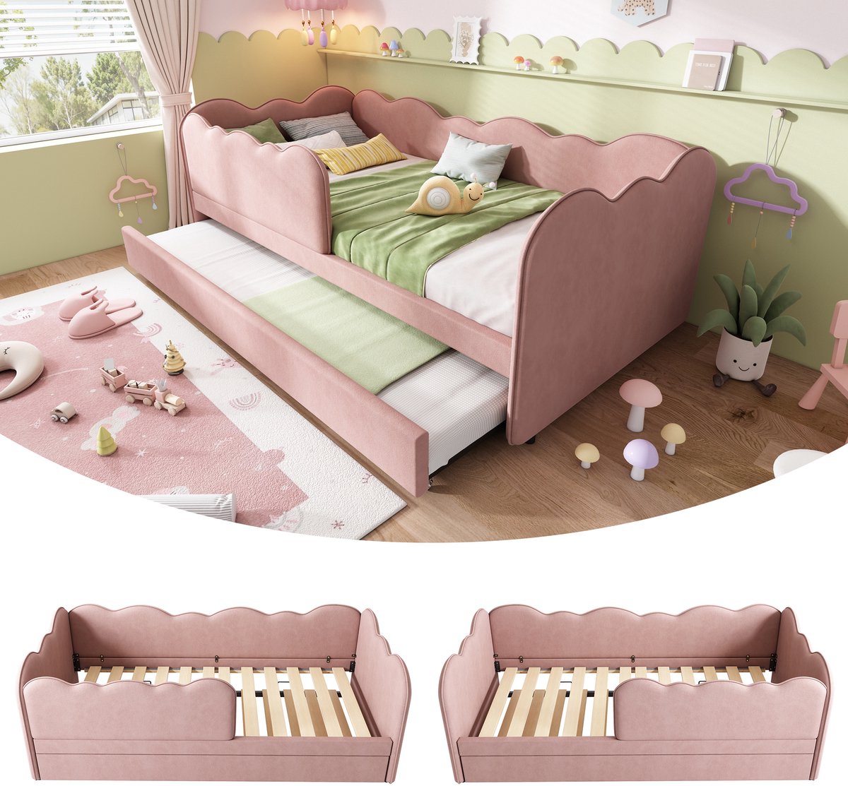 Clruro Gestoffeerd Kinderbed - 90x190 cm - Uitschuifbed en Lattenbodem - Slaapbank - Fluweel - Roze