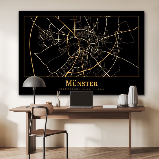 Aluminium schilderij 180x120 cm - Wanddecoratie metaal - Kaart - Münster - Duitsland - Goud - Zwart - Metalen muurdecoratie woonkamer - Decoratie industrieel - Foto op dibond - Industriële accessoires slaapkamer
