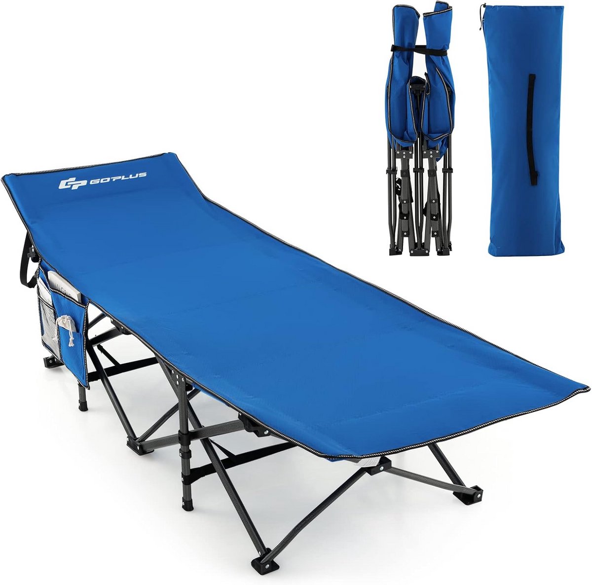 GOPLUS Veldbed, inklapbaar, campingbed met afgeschuinde hoofdsteun, zijzak en draagtas, tot 272 kg belastbaar, campingstoel, X-vormig metalen frame voor reizen, indoor, outdoor, strand