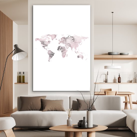 Décoration murale Métal - Peinture Aluminium - Wereldkaart - Rose - Grijs - Peinture - 100x150 cm