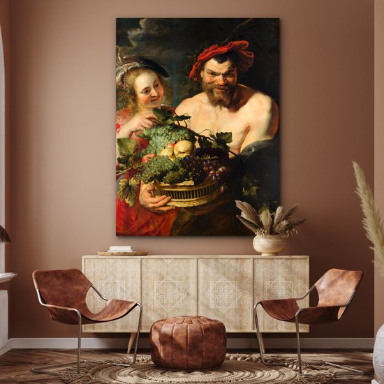 Nymphe et satyre - Peinture de Peter Paul Rubens Aluminium 120x160 cm - Tirage photo sur Aluminium (décoration murale métal) XXL / Groot format!