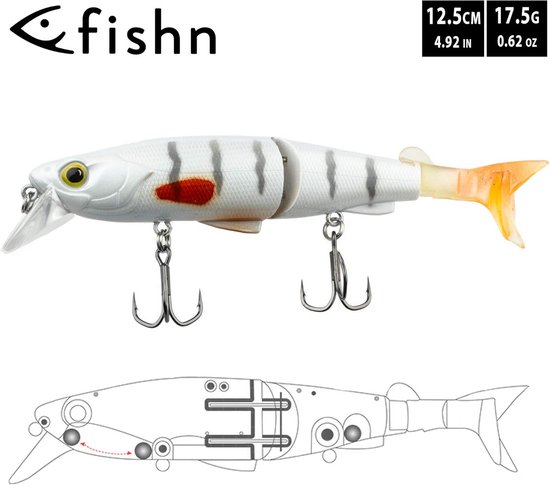 FISHN Hybride Swimbait MinnowOne, hardbait, kunstaas, 12,5 cm, 17,5 g, snoek, snoekbaars, baars en forel, met 2 reservestaartvinnen — afbeelding 5