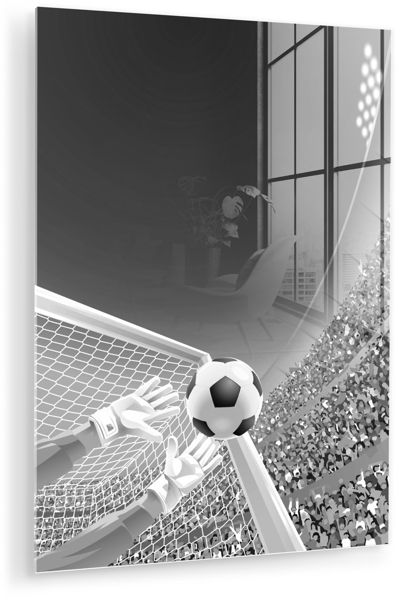 ® Glasschilderij 120x160 cm - Schilderij acrylglas - Een illustratie van een keeper die de voetbal tegenhoudt - Jongetje - Meisjes - Kind - Foto op glas - Muurdecoratie woonkamer - Wanddecoratie slaapkamer - Schilderijen