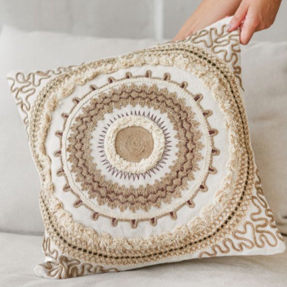 TFP Artisanal Embellished Cushion Cover - Sierkussenhoes | Saira - 45 x 45 cm - 100% Organic Cotton (GOTS Certified), Jute - Handmade in India - natural white, Beige, Brown