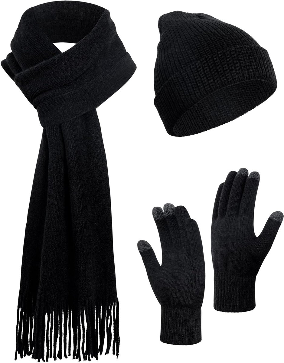3-delige Winterset met Muts, Sjaal en Handschoenen voor Mannen en Vrouwen, Zacht en Elastisch Gebreid, Perfect voor Koud Weer en Buitenactiviteiten