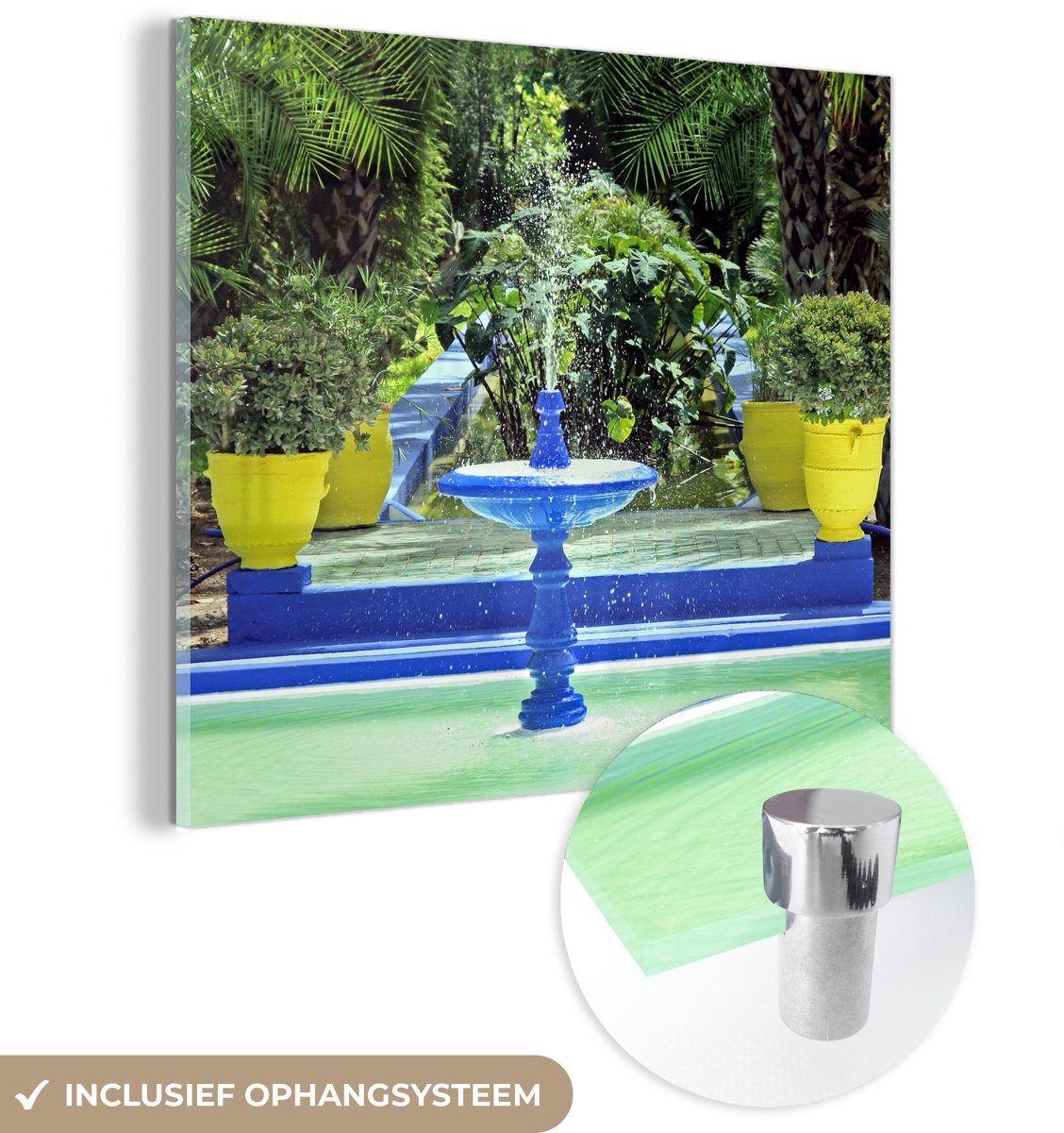 ® Glasschilderij 90x90 cm - Schilderij acrylglas - Blauwe fontein en gele bloempotten in d